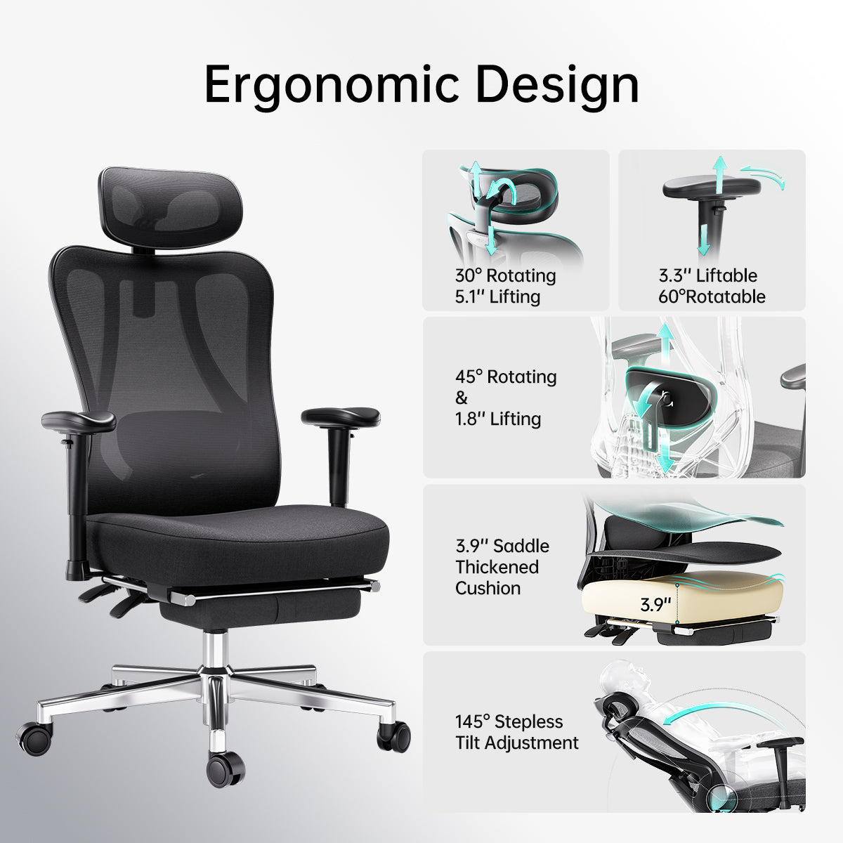 HBADA P3 Ergonomic Chair With Footrest Black Color